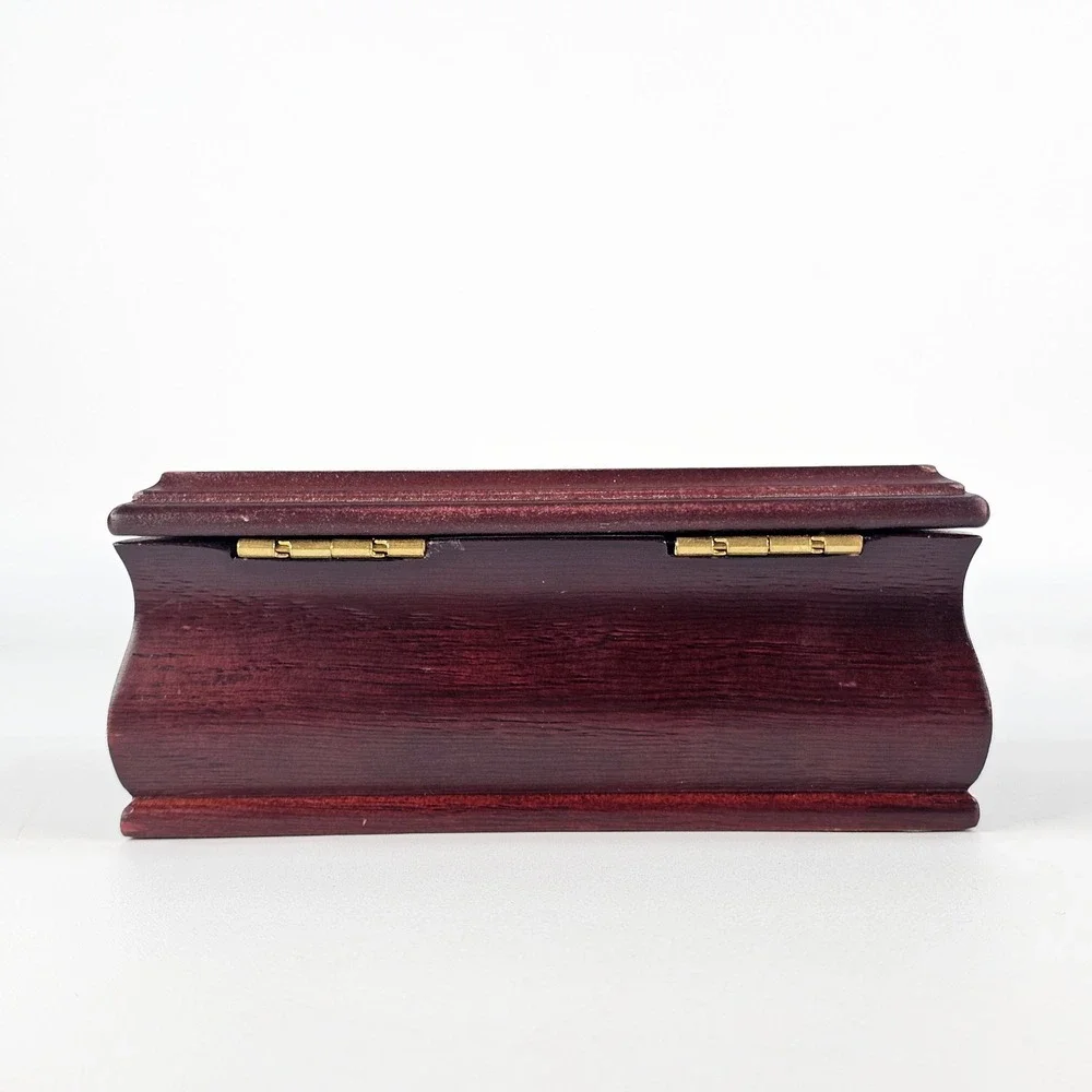 Vintage Wooden Heart Rose Etched Glass Jewelry Box Mahogany Tone Christmas 2000